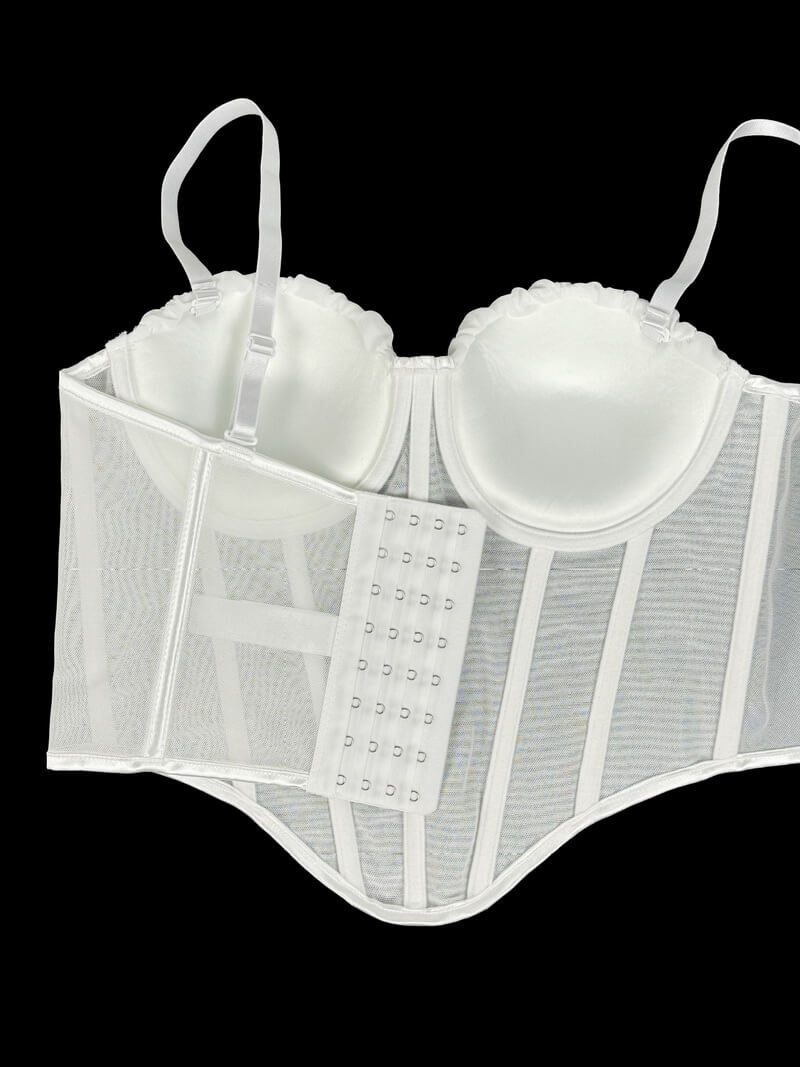 NURO Women's Stripe & Mesh Bustier Top - Rhinestone Sheer Corset with Detachable Straps