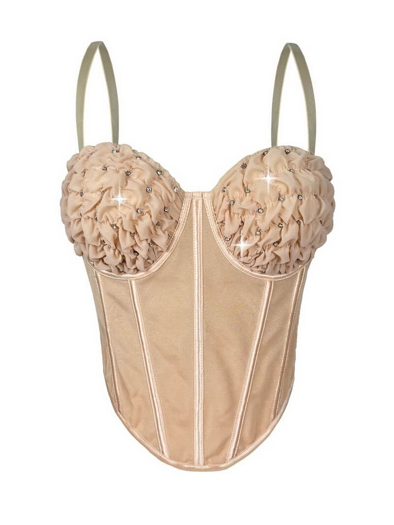 NURO Women's Stripe & Mesh Bustier Top - Rhinestone Sheer Corset with Detachable Straps