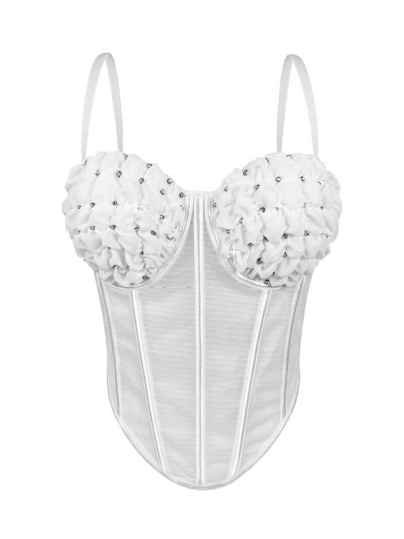 NURO Women's Stripe & Mesh Bustier Top - Rhinestone Sheer Corset with Detachable Straps