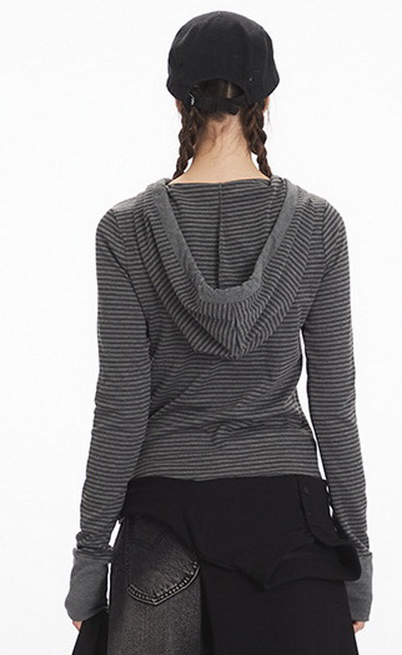NURO Women's Striped Hooded Long Sleeve Crop Top, Slim Fit Layering Tee for Spring and Fall