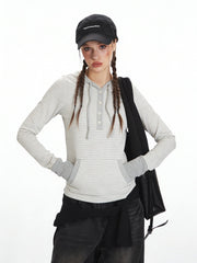 NURO Women's Striped Hooded Long Sleeve Crop Top, Slim Fit Layering Tee for Spring and Fall