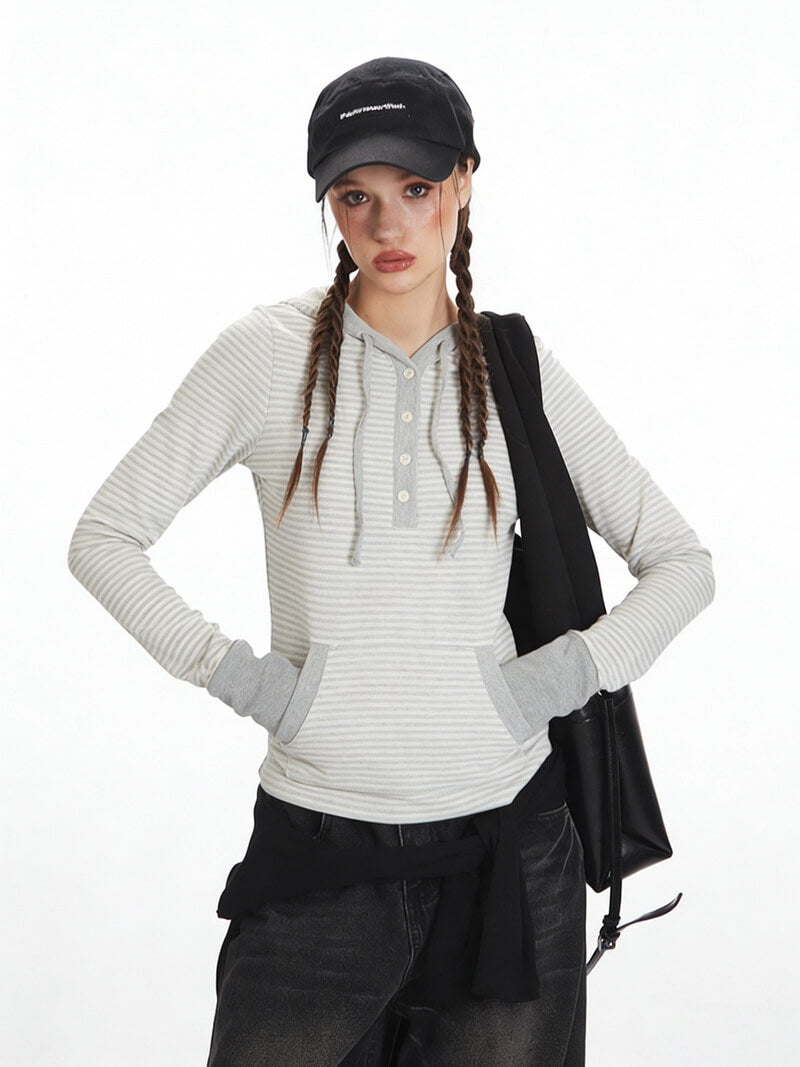 NURO Women's Striped Hooded Long Sleeve Crop Top, Slim Fit Layering Tee for Spring and Fall