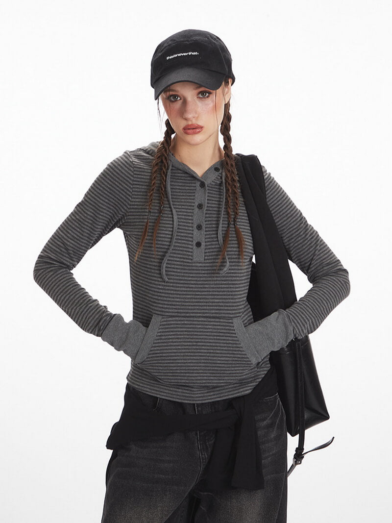 NURO Women's Striped Hooded Long Sleeve Crop Top, Slim Fit Layering Tee for Spring and Fall
