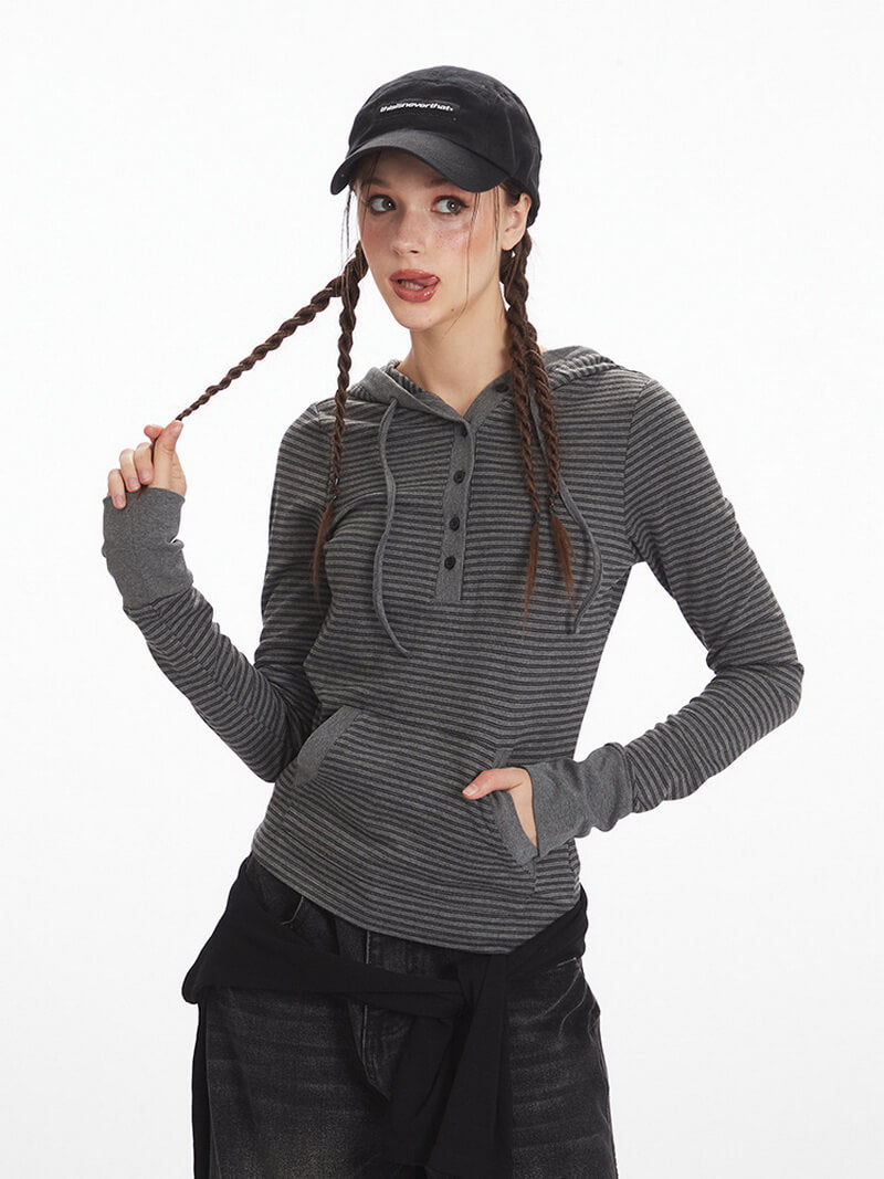 NURO Women's Striped Hooded Long Sleeve Crop Top, Slim Fit Layering Tee for Spring and Fall