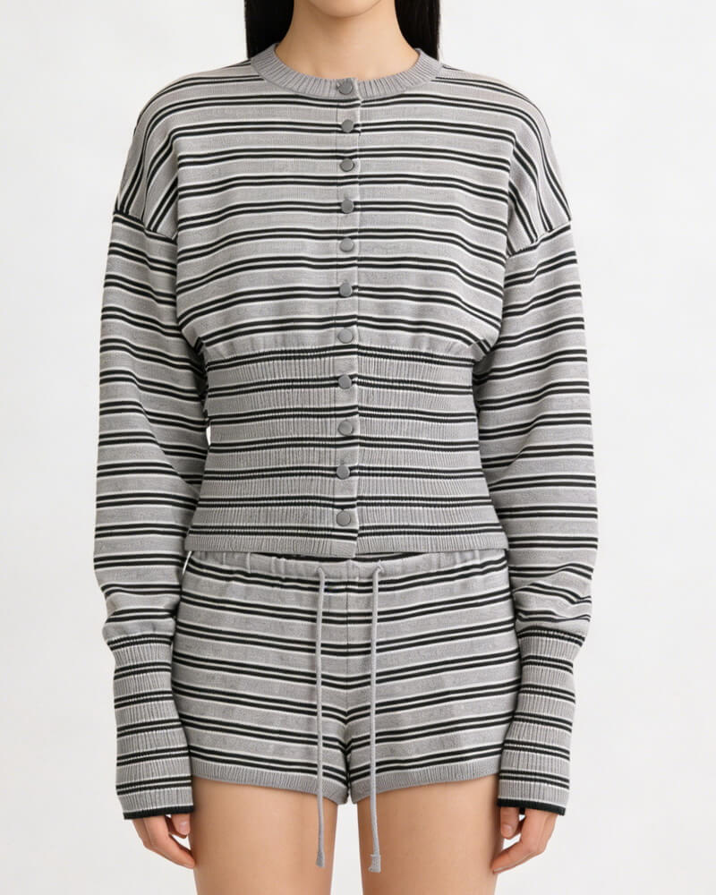 NURO Women's Striped Knit Cardigan and Shorts Set, Drawstring Waist Lounge Set