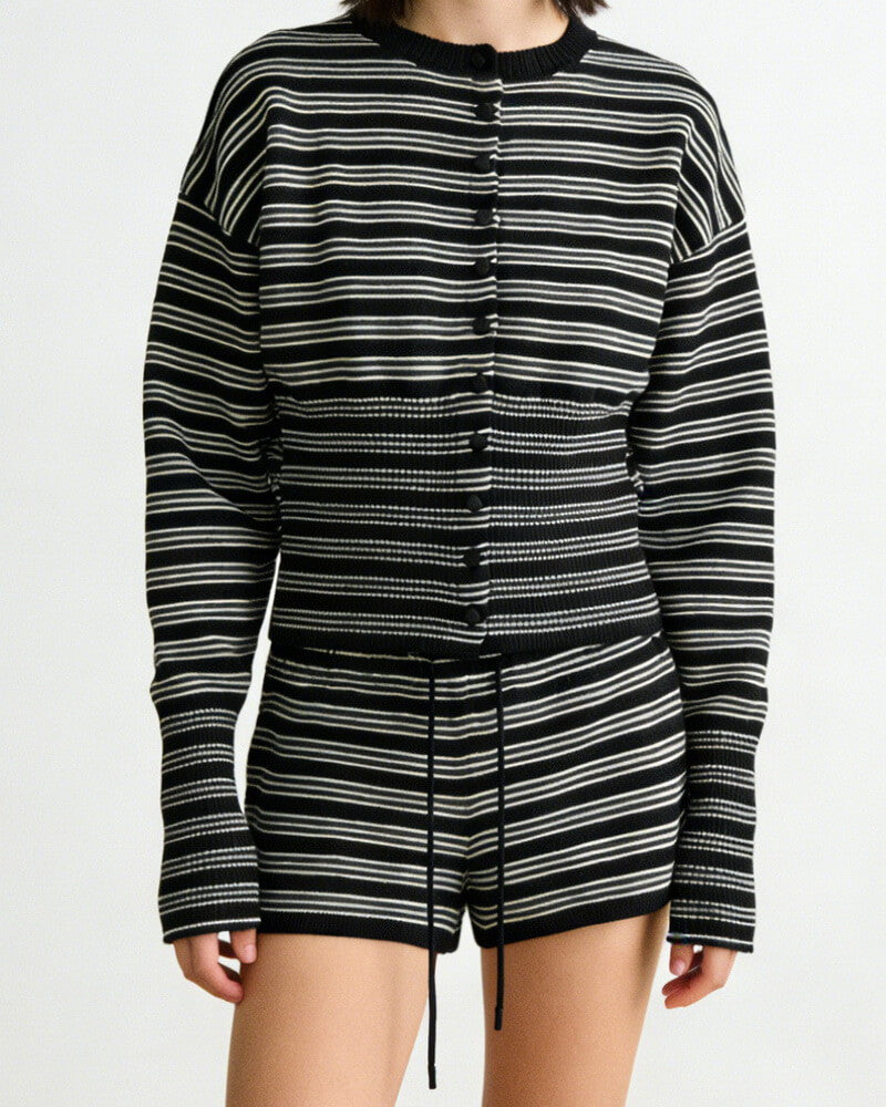 NURO Women's Striped Knit Cardigan and Shorts Set, Drawstring Waist Lounge Set