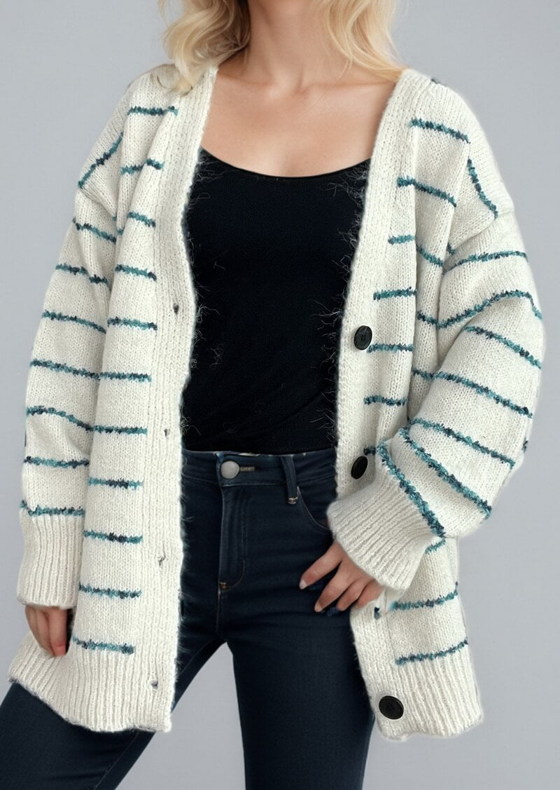 NURO Women's Striped Open Front Cardigan - Long Sleeve Oversized Knit Sweater, Casual Loose Fit Cover-Up