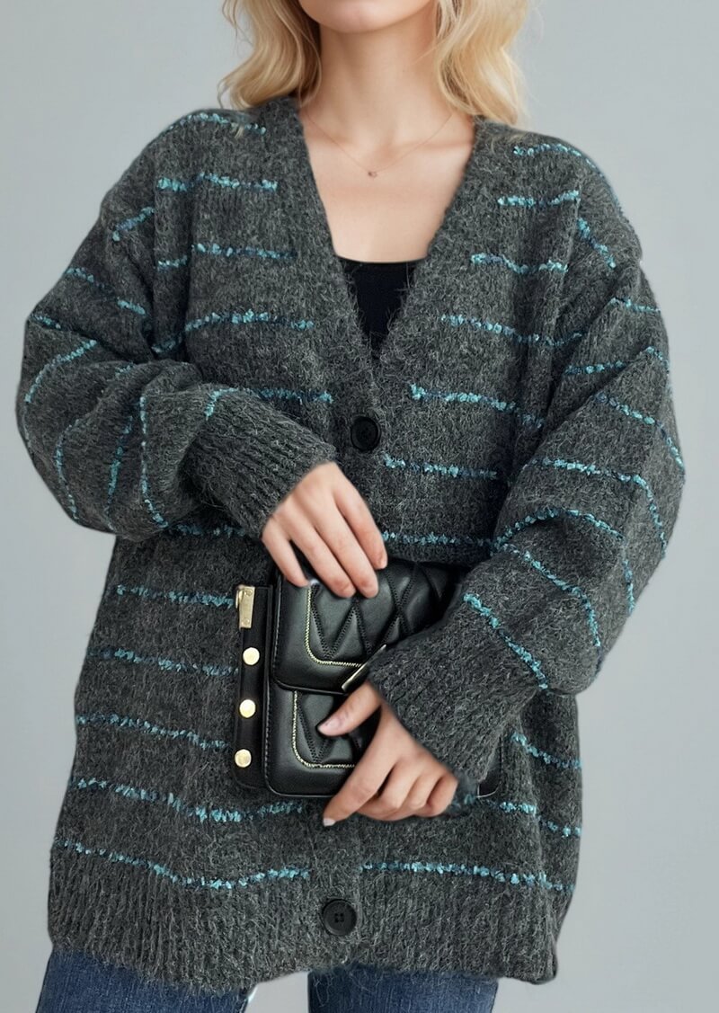 NURO Women's Striped Open Front Cardigan - Long Sleeve Oversized Knit Sweater, Casual Loose Fit Cover-Up