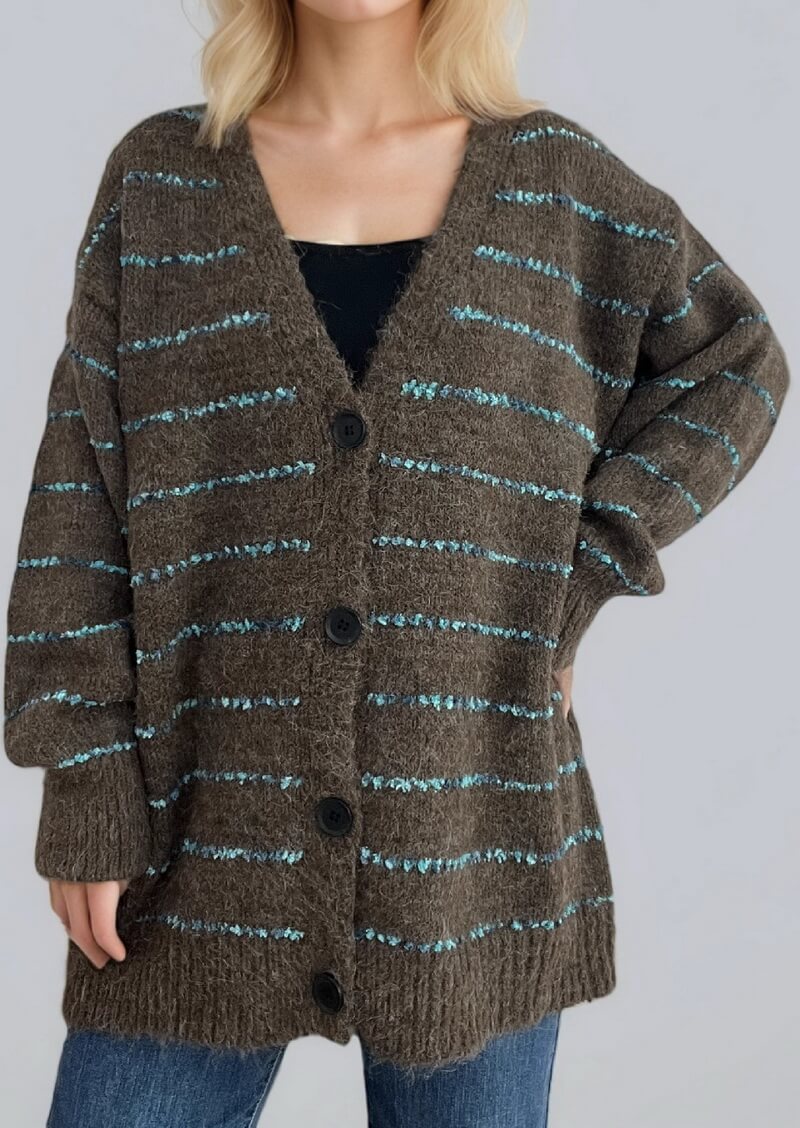 NURO Women's Striped Open Front Cardigan - Long Sleeve Oversized Knit Sweater, Casual Loose Fit Cover-Up