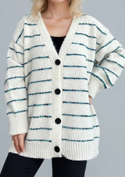 NURO Women's Striped Open Front Cardigan - Long Sleeve Oversized Knit Sweater, Casual Loose Fit Cover-Up