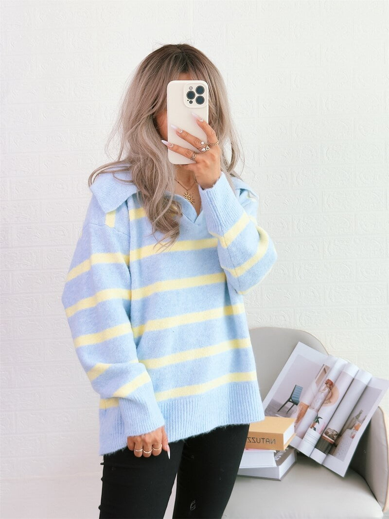 NURO Women's Striped Pullover Sweater - Long Sleeve Oversized Knit Top, Casual Comfort Wear