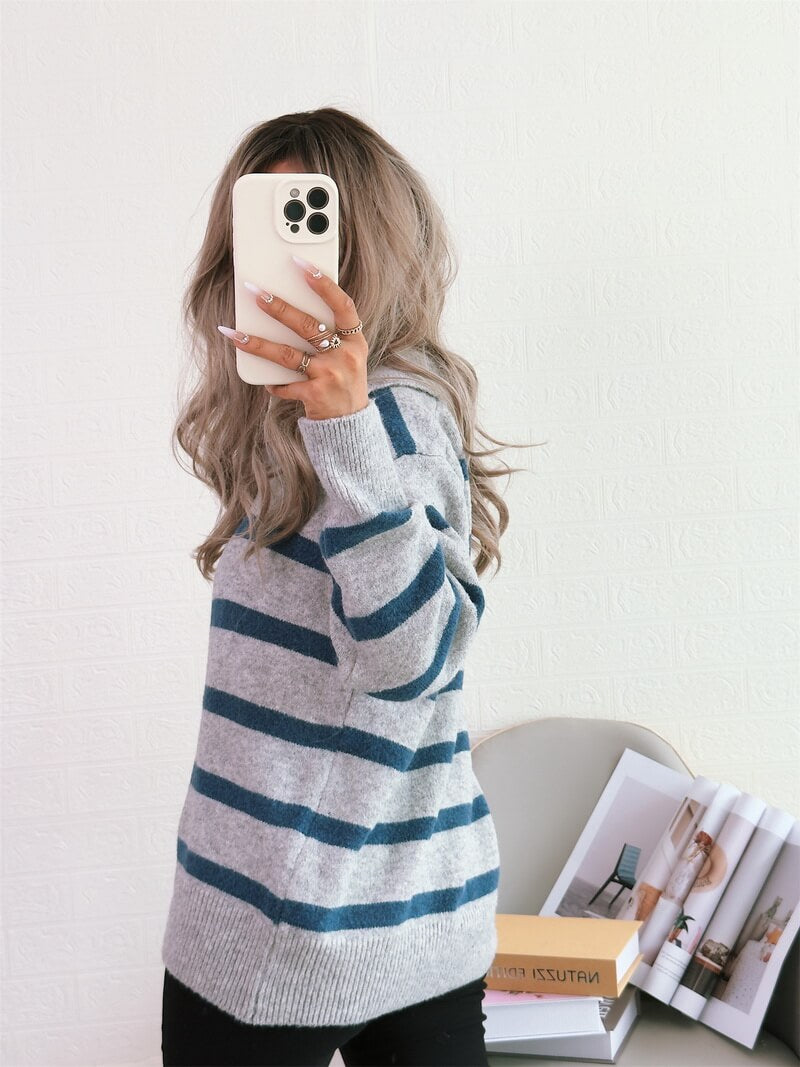 NURO Women's Striped Pullover Sweater - Long Sleeve Oversized Knit Top, Casual Comfort Wear