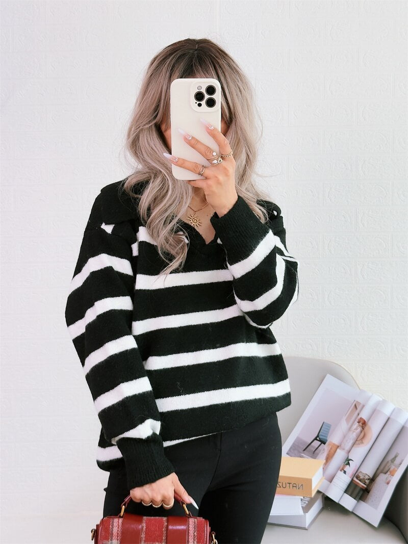 NURO Women's Striped Pullover Sweater - Long Sleeve Oversized Knit Top, Casual Comfort Wear