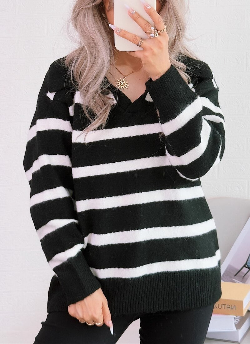 NURO Women's Striped Pullover Sweater - Long Sleeve Oversized Knit Top, Casual Comfort Wear