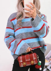 NURO Women's Striped Pullover Sweater - Long Sleeve V-Neck Knit Top, Casual Everyday Comfort Wear