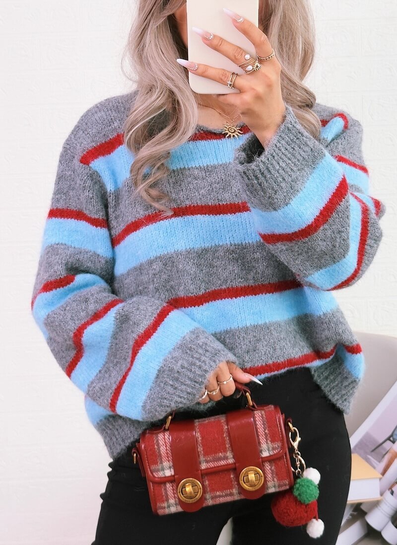 NURO Women's Striped Pullover Sweater - Long Sleeve V-Neck Knit Top, Casual Everyday Comfort Wear