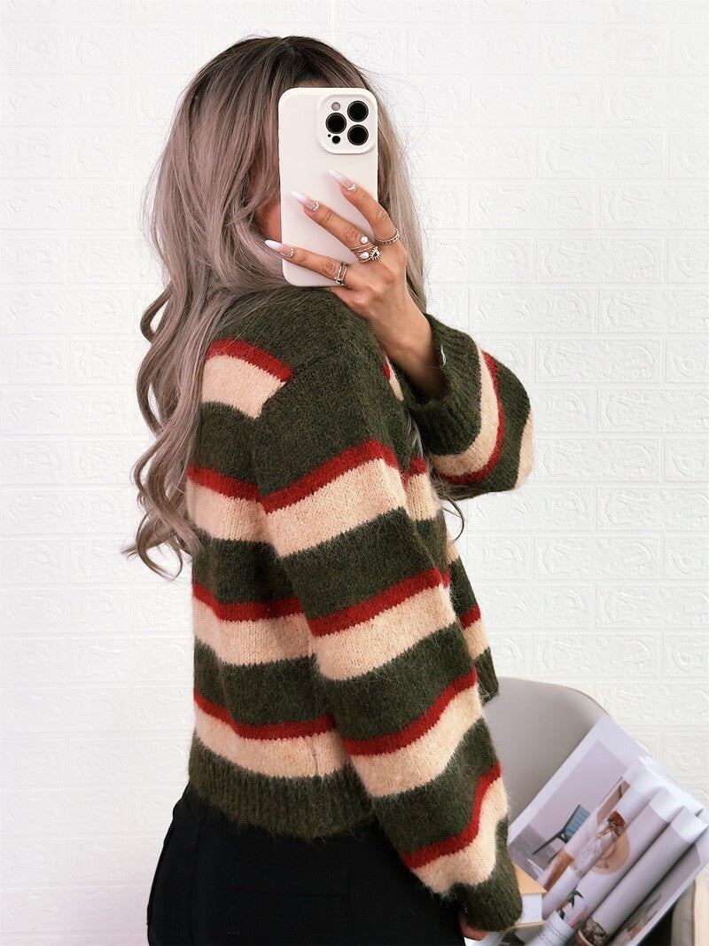 NURO Women's Striped Pullover Sweater - Long Sleeve V-Neck Knit Top, Casual Everyday Comfort Wear