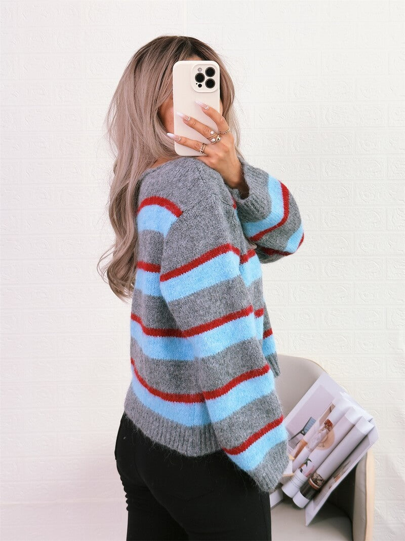 NURO Women's Striped Pullover Sweater - Long Sleeve V-Neck Knit Top, Casual Everyday Comfort Wear