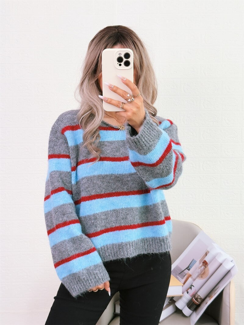 NURO Women's Striped Pullover Sweater - Long Sleeve V-Neck Knit Top, Casual Everyday Comfort Wear
