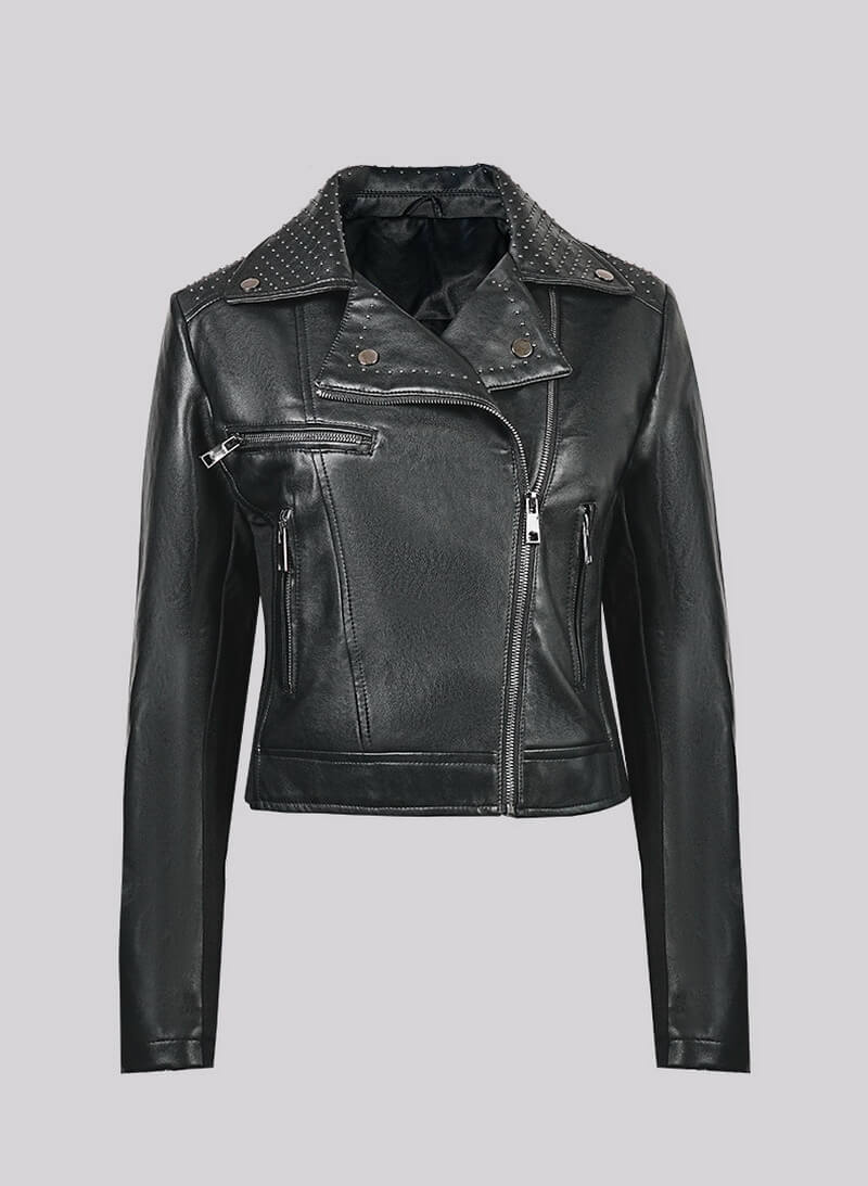 NURO Women's Studded V-Neck PU Leather Jacket, Slim Fit Zip-Up Biker Style Coat