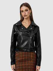 NURO Women's Studded V-Neck PU Leather Jacket, Slim Fit Zip-Up Biker Style Coat