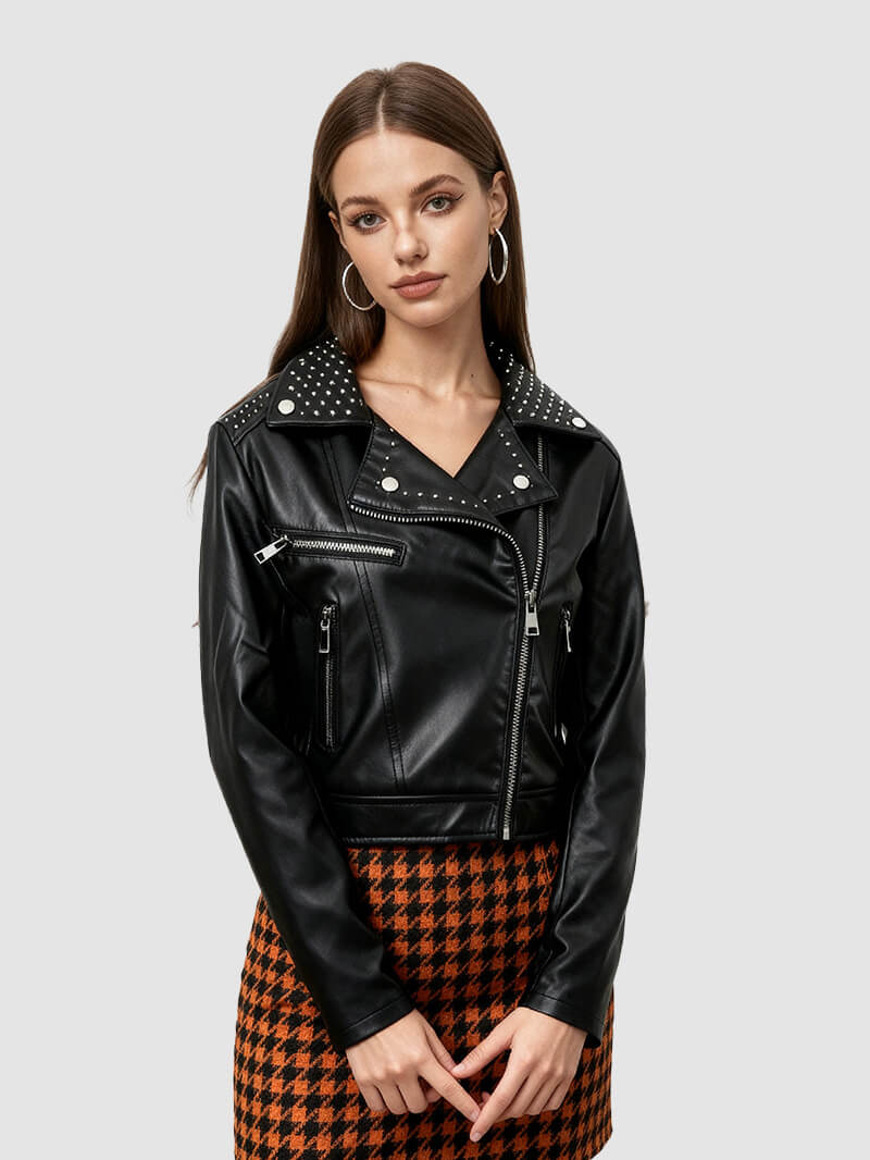 NURO Women's Studded V-Neck PU Leather Jacket, Slim Fit Zip-Up Biker Style Coat