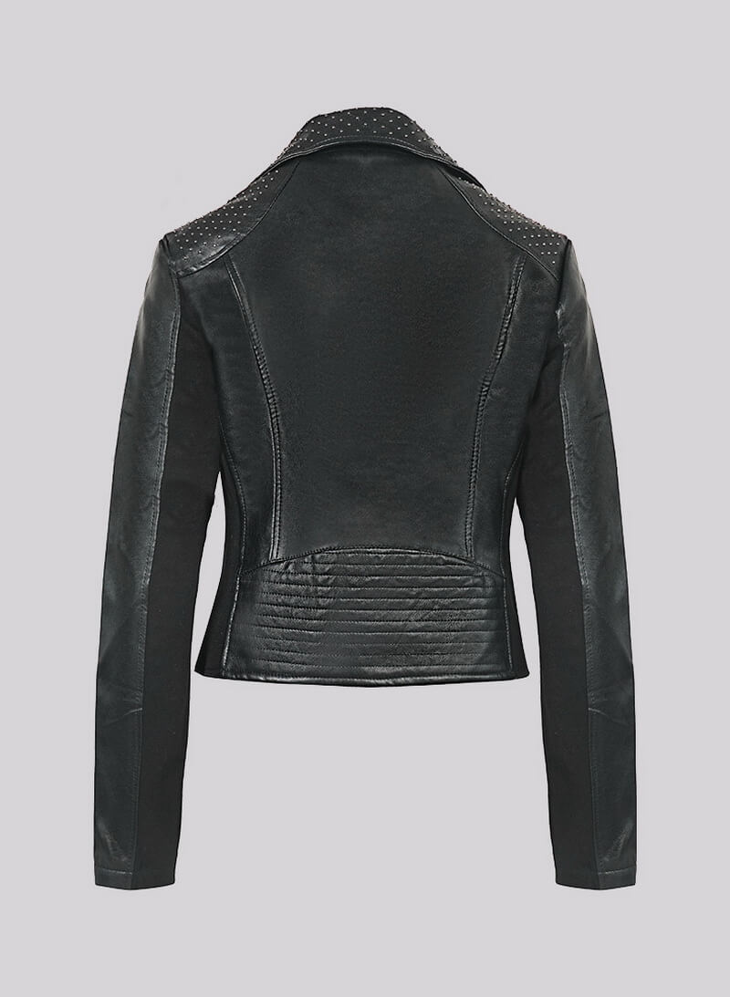 NURO Women's Studded V-Neck PU Leather Jacket, Slim Fit Zip-Up Biker Style Coat