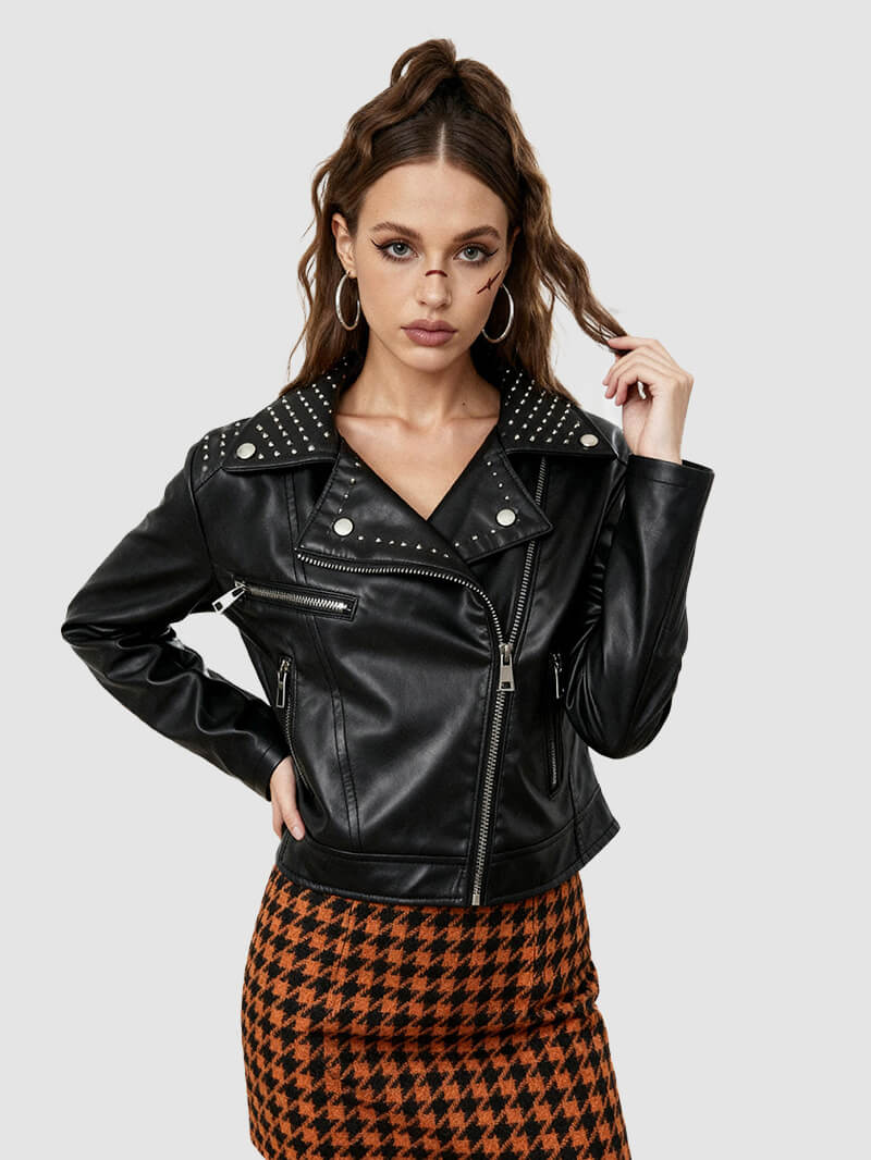 NURO Women's Studded V-Neck PU Leather Jacket, Slim Fit Zip-Up Biker Style Coat