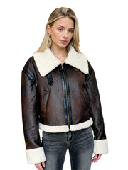 NURO Women's Suede-Look Faux Shearling Jacket, Cropped Zip-Up Biker Style Coat
