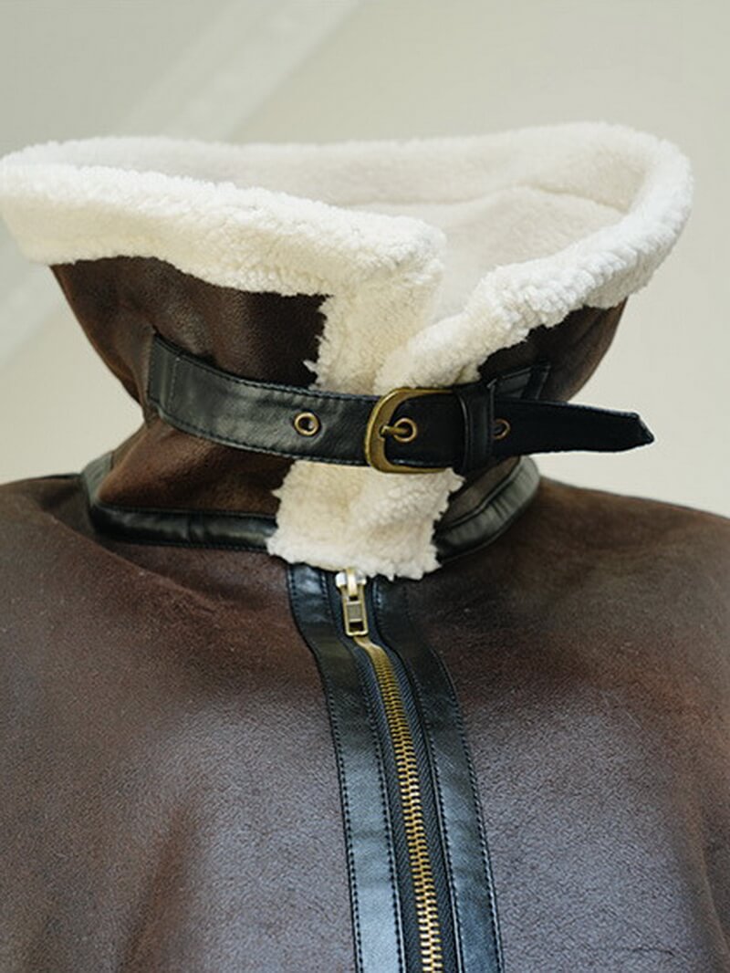 NURO Women's Suede-Look Faux Shearling Jacket, Cropped Zip-Up Biker Style Coat