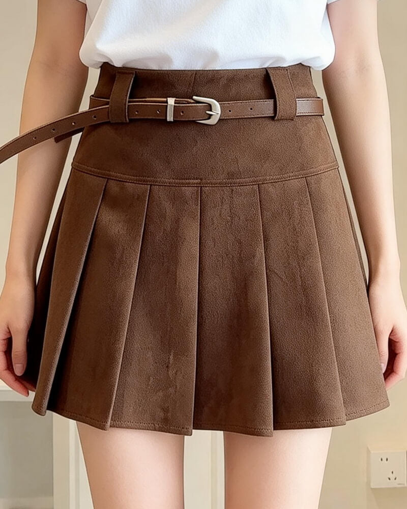 NURO Women's Suede Pleated Skirt – High Waist A-Line Mini Skirt with Belt