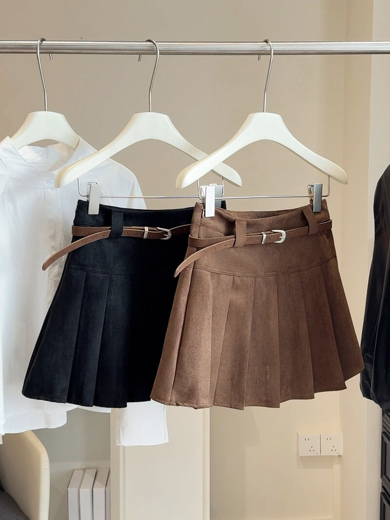 NURO Women's Suede Pleated Skirt – High Waist A-Line Mini Skirt with Belt