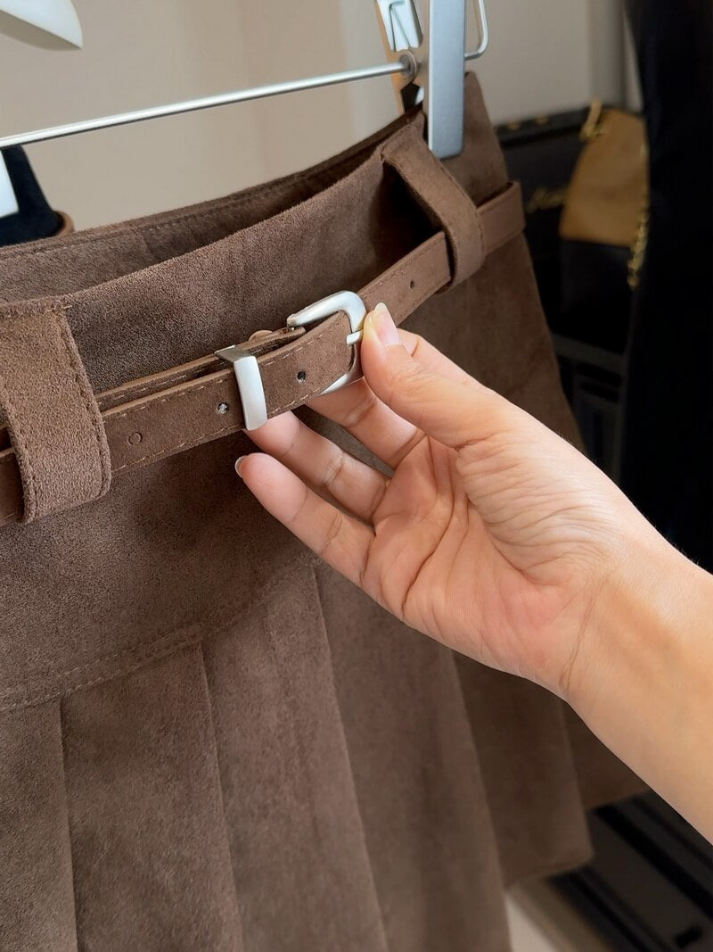 NURO Women's Suede Pleated Skirt – High Waist A-Line Mini Skirt with Belt