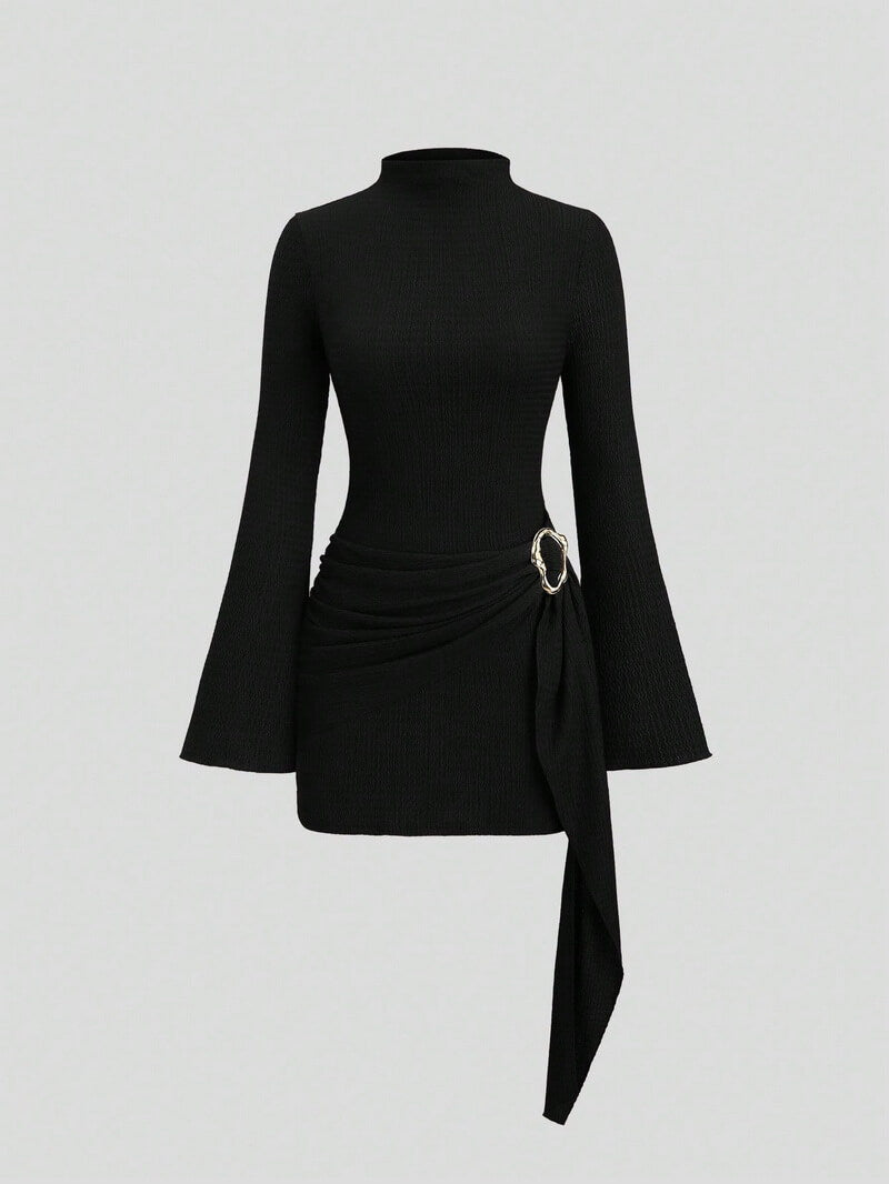 NURO Women's Textured Knit Stand Collar Midi Dress with Metal Buttons