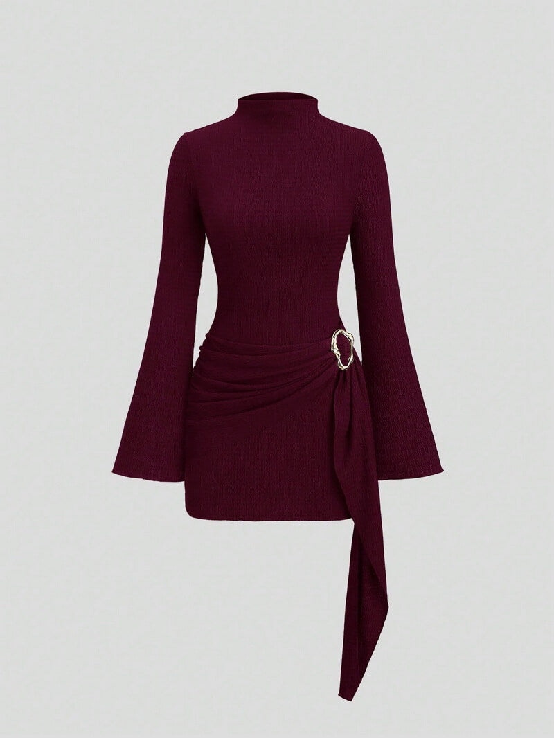 NURO Women's Textured Knit Stand Collar Midi Dress with Metal Buttons