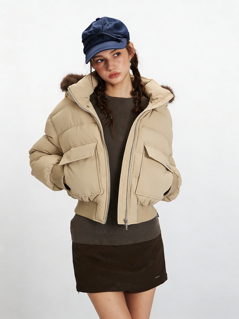 NURO Women's Thickened Quilted Hooded Coat with Faux Fur Collar, Short Padded Jacket for Winter