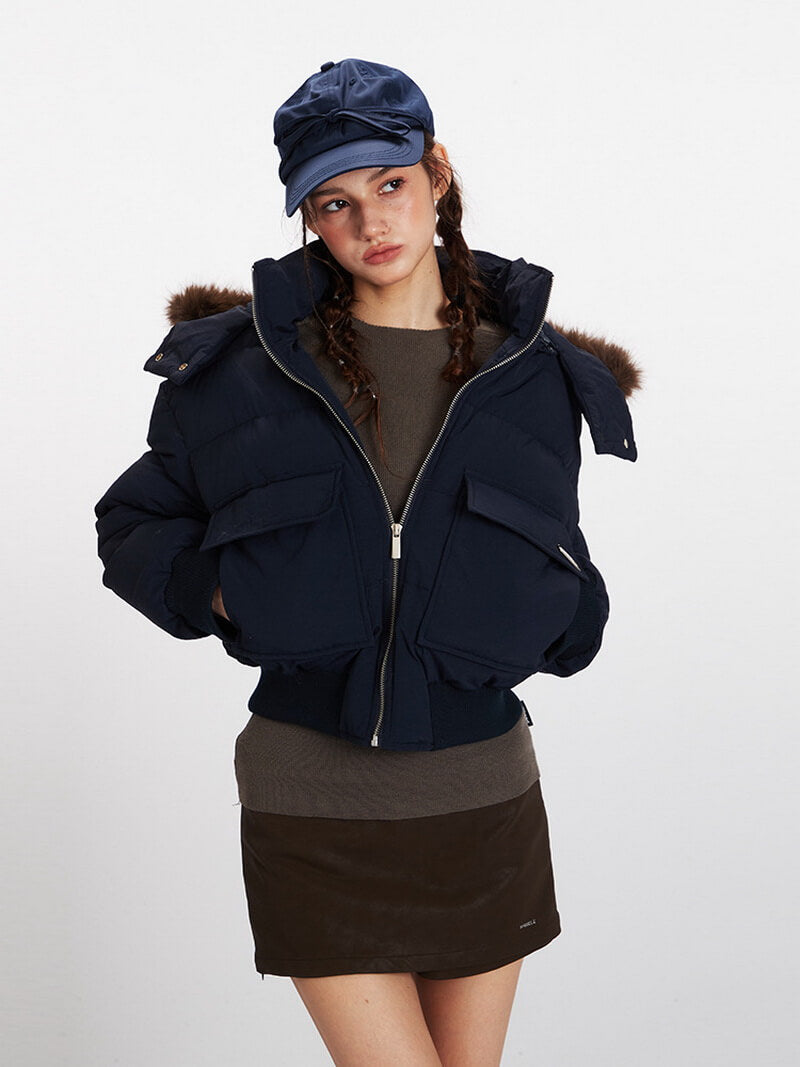 NURO Women's Thickened Quilted Hooded Coat with Faux Fur Collar, Short Padded Jacket for Winter