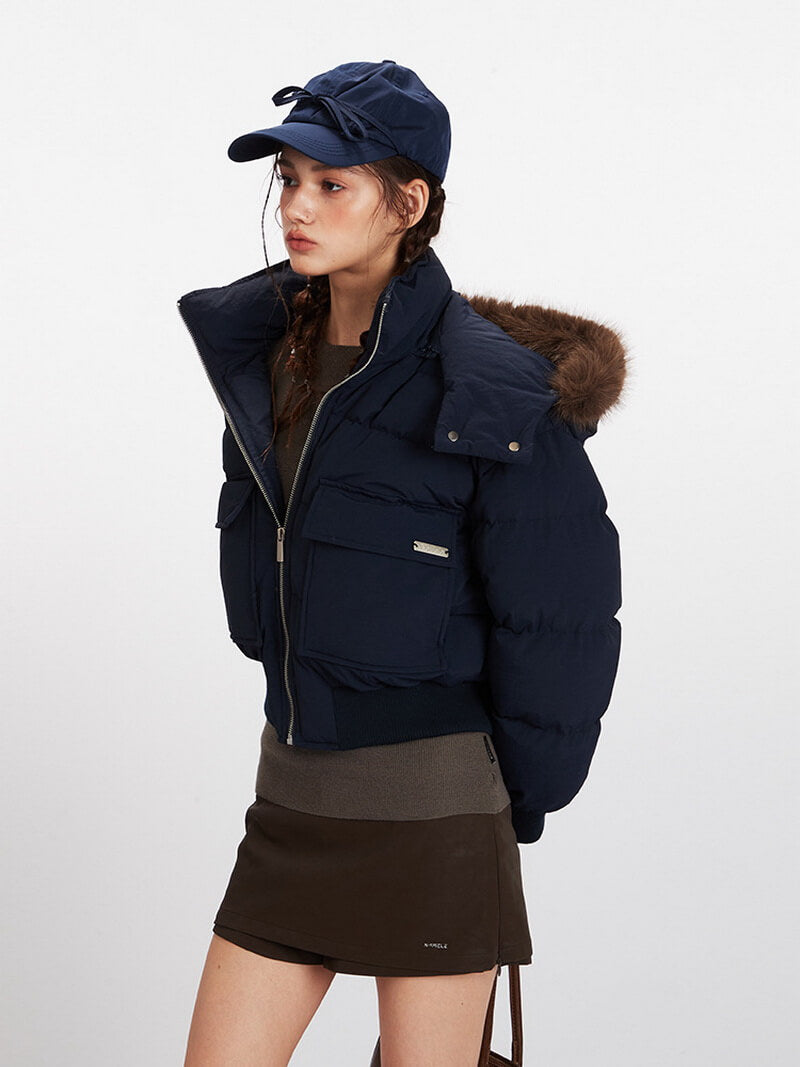 NURO Women's Thickened Quilted Hooded Coat with Faux Fur Collar, Short Padded Jacket for Winter