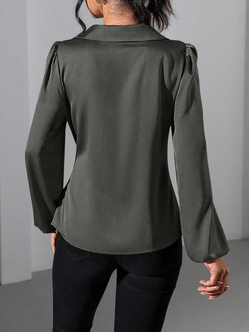 NURO Women's Tie-Waist Satin Blouse, Long Sleeve Button-Down Shirt