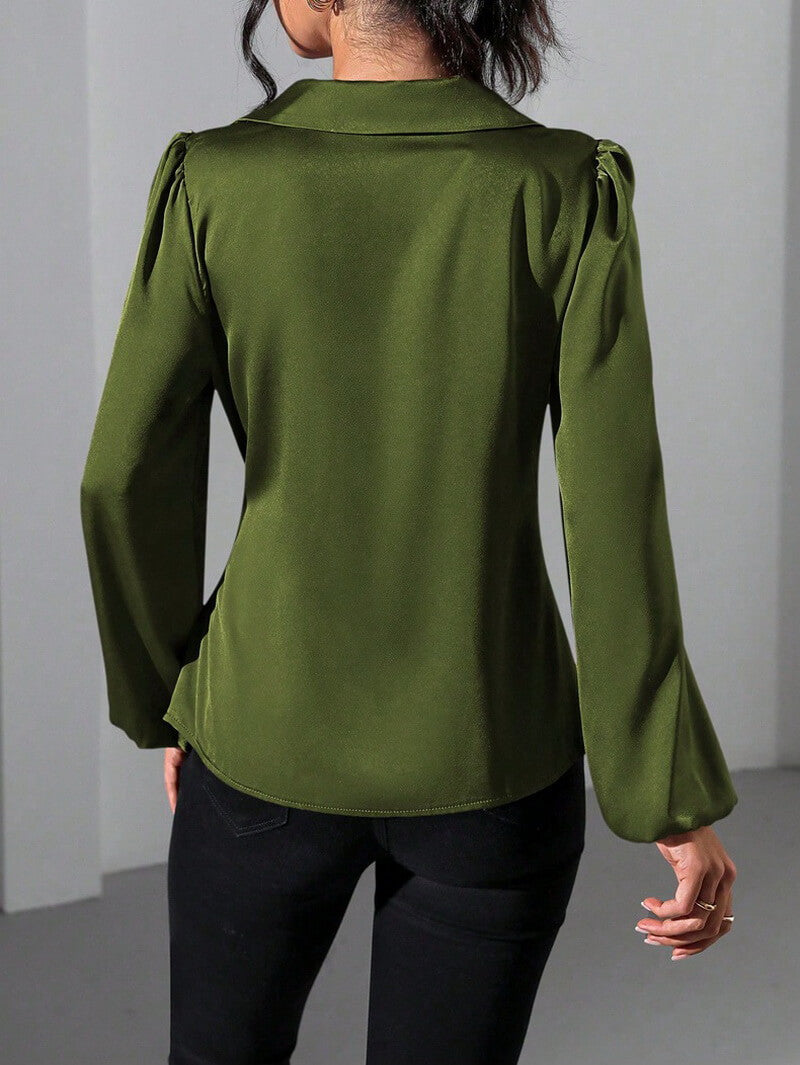 NURO Women's Tie-Waist Satin Blouse, Long Sleeve Button-Down Shirt