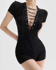 NURO Women's Tie Front Jumpsuit, Sleeveless Bodycon Short Romper