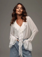 NURO Women's Tie Front Peplum Blouse with Bell Sleeves