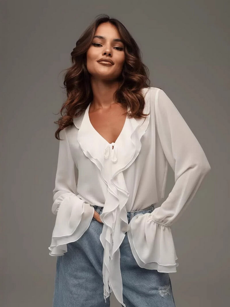 NURO Women's Tie Front Peplum Blouse with Bell Sleeves