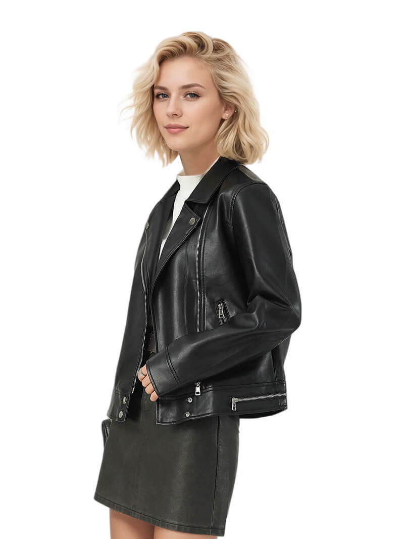 NURO Women's Turn-Down Collar PU Leather Jacket, Slim Fit Zip-Up Biker Style Coat