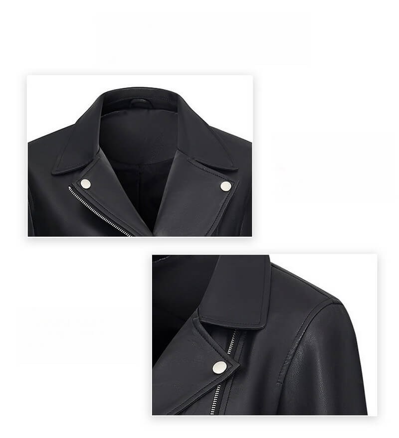 NURO Women's Turn-Down Collar PU Leather Jacket, Slim Fit Zip-Up Biker Style Coat