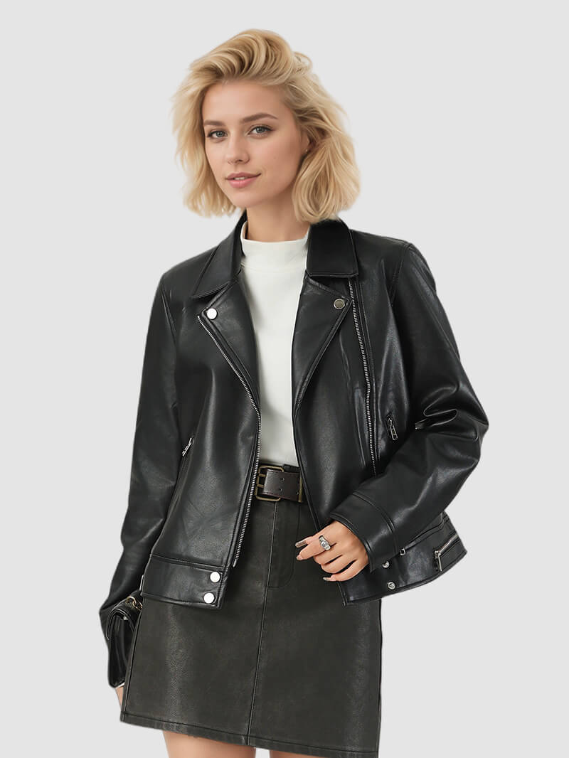 NURO Women's Turn-Down Collar PU Leather Jacket, Slim Fit Zip-Up Biker Style Coat