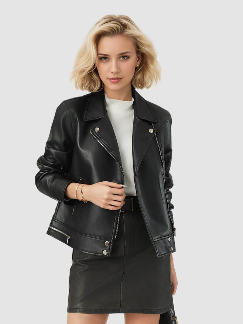 NURO Women's Turn-Down Collar PU Leather Jacket, Slim Fit Zip-Up Biker Style Coat