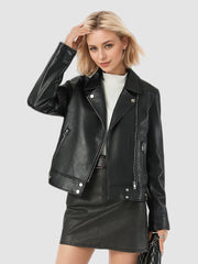 NURO Women's Turn-Down Collar PU Leather Jacket, Slim Fit Zip-Up Biker Style Coat