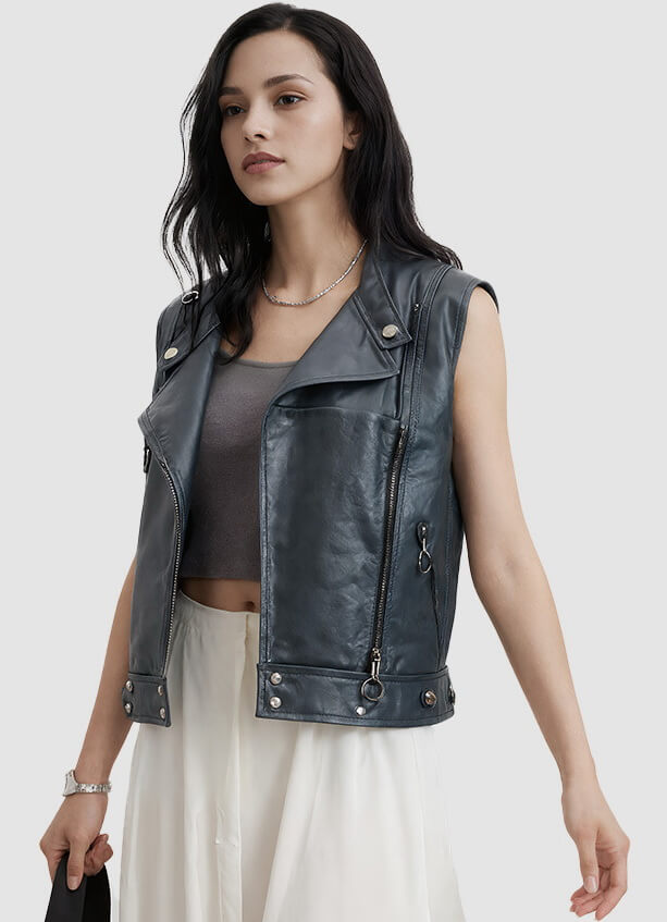 NURO Women's Turn-Down Collar PU Leather Vest, Sleeveless Biker Style Waist Belt Vest