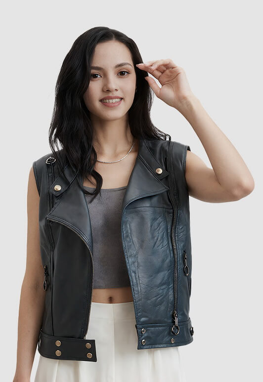 NURO Women's Turn-Down Collar PU Leather Vest, Sleeveless Biker Style Waist Belt Vest